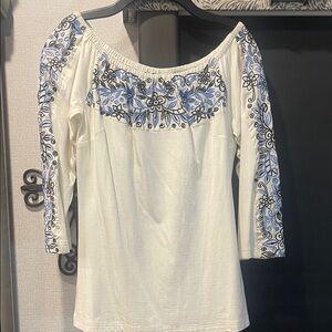 Vintage Collection Off-Shoulder White and Blue Embroidered Blouse
